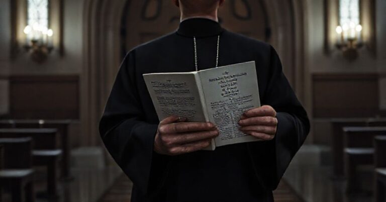 Prawdziwy katolicki kapłan w tradycyjnym stroju stojący przed zamkniętymi drzwiami kościoła, symbolizującym wykluczenie Rachel Maddow z prawdziwego Kościoła Katolickiego.