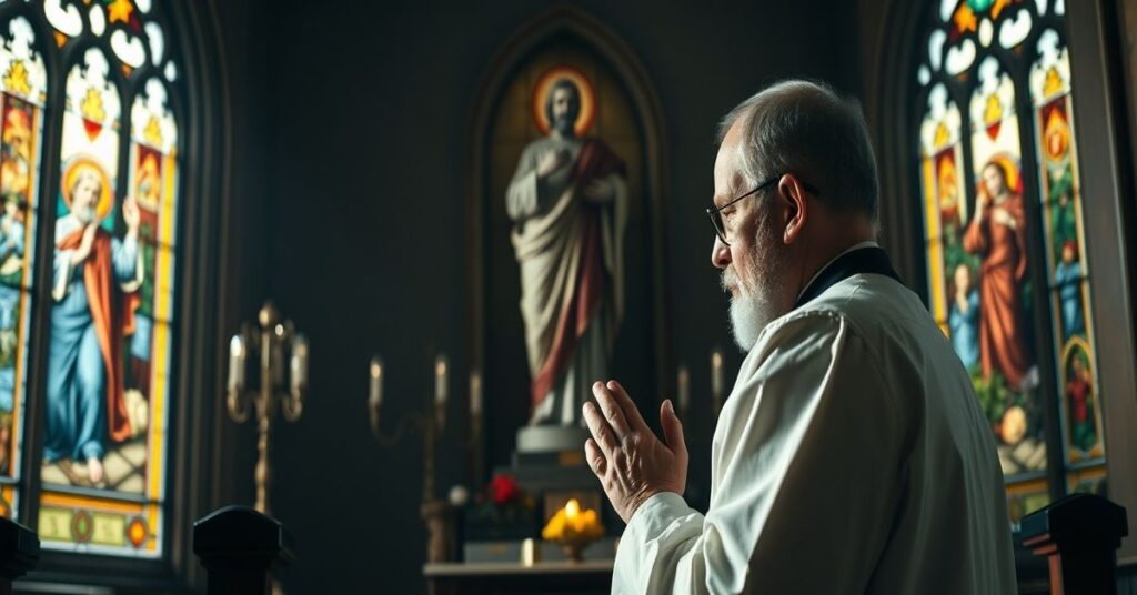 Tradycyjny katolicki kapłan modlący się przed posągiem św. Józefa w kościele, wyrażający głęboką pobożność i opór wobec modernistycznych zniekształceń wiary