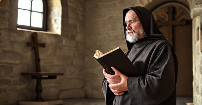 Prawdziwy mnich benedyktynski modli się przed kaplicą klasztorną, symbolizując ascetyczne życie zakonne.