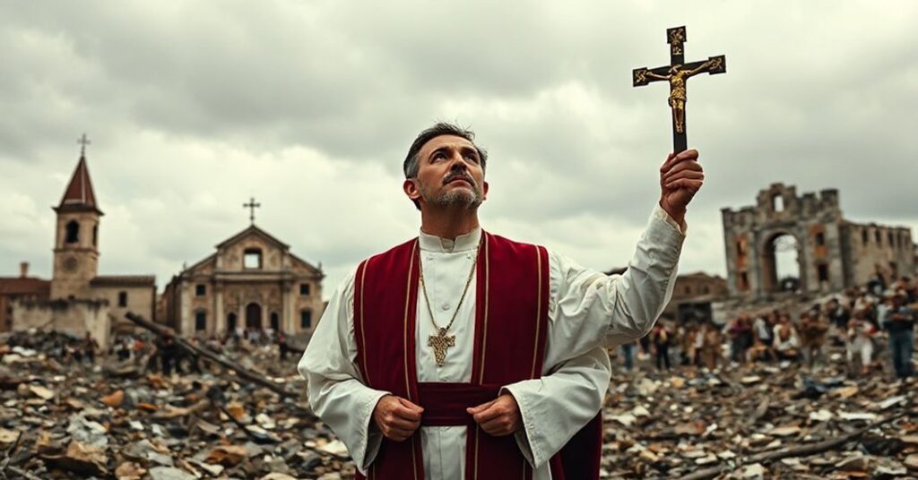 Katolicki książ w tradycyjnych szatach liturgicznych z krzyżem w dłoniach stoi w zburzonym krajobrazie wojennym, symbolizując duchową walkę o prawdziwy pokój bez Chrystusa Krola