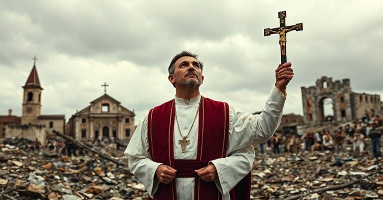 Katolicki książ w tradycyjnych szatach liturgicznych z krzyżem w dłoniach stoi w zburzonym krajobrazie wojennym, symbolizując duchową walkę o prawdziwy pokój bez Chrystusa Krola
