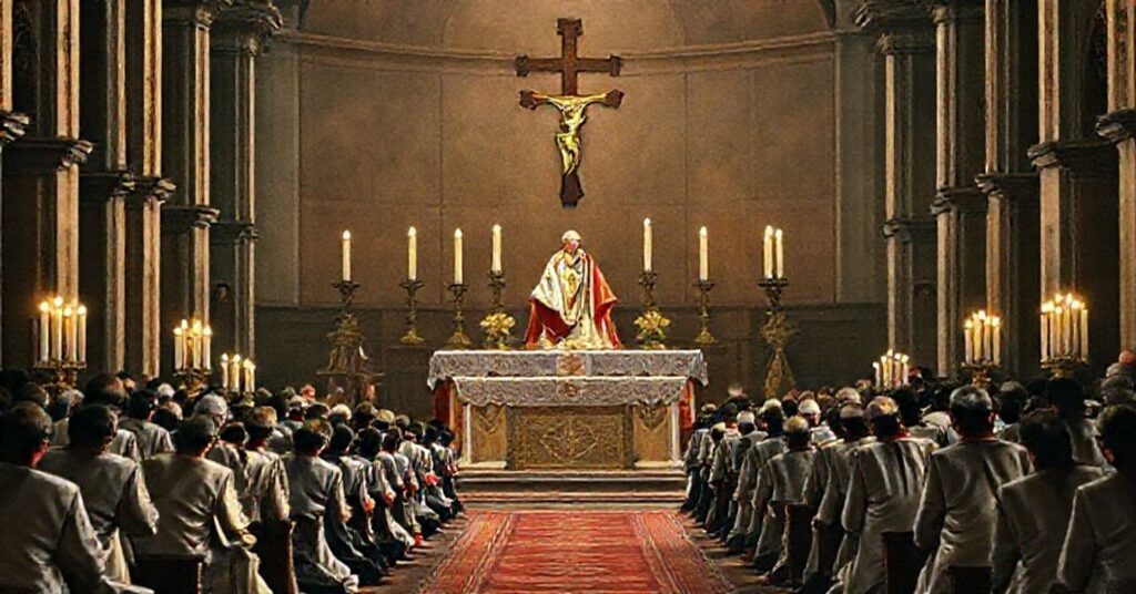 Traditionalna msza św. z biskupem w pełnym ornacie, symbolizująca prawdziwy pokój Chrystusa Króla