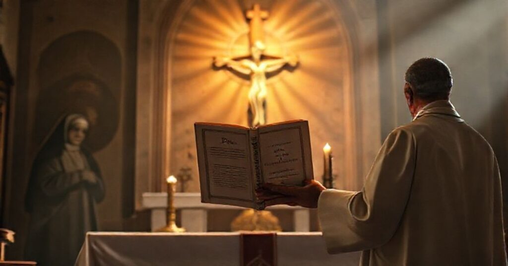 Tradycyjny katolicki obraz przedstawiający kapłana przy ołtarzu z książką 'Pax Christi in Regno Christi', na tle kontrowersyjnych laureatów Pokojowej Nagrody Nobla.