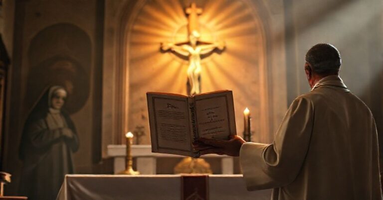 Tradycyjny katolicki obraz przedstawiający kapłana przy ołtarzu z książką 'Pax Christi in Regno Christi', na tle kontrowersyjnych laureatów Pokojowej Nagrody Nobla.