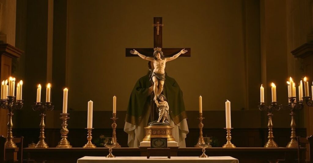 Tradycyjny ołtarz katolicki z krzyżem i figurką Dzieciątka Jezusowego symbolizujący konflikt między prawdziwą nauką Chrystusa Króla a nowoczesnym "pokojem" fałszywych papieży.