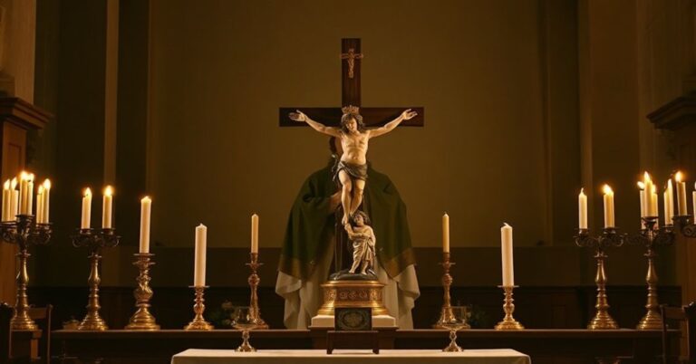 Tradycyjny ołtarz katolicki z krzyżem i figurką Dzieciątka Jezusowego symbolizujący konflikt między prawdziwą nauką Chrystusa Króla a nowoczesnym "pokojem" fałszywych papieży.