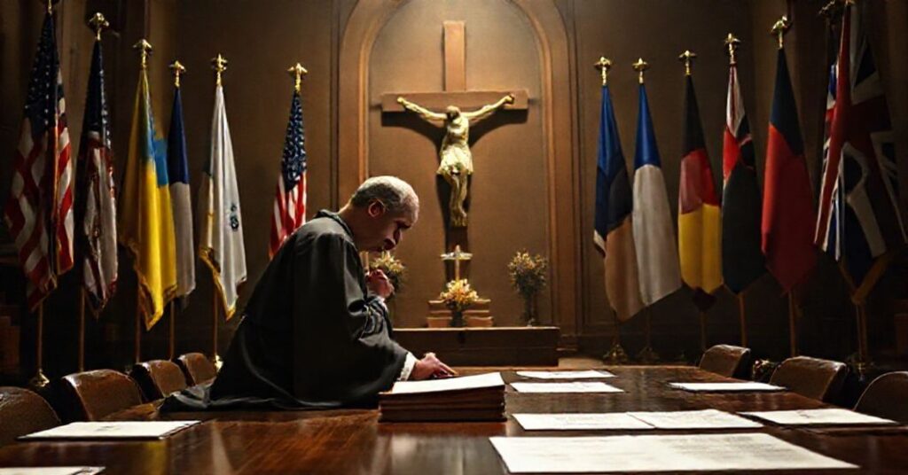Kneeling Catholic bishop in prayer before a crucifix with flags of Ukraine and Western countries
