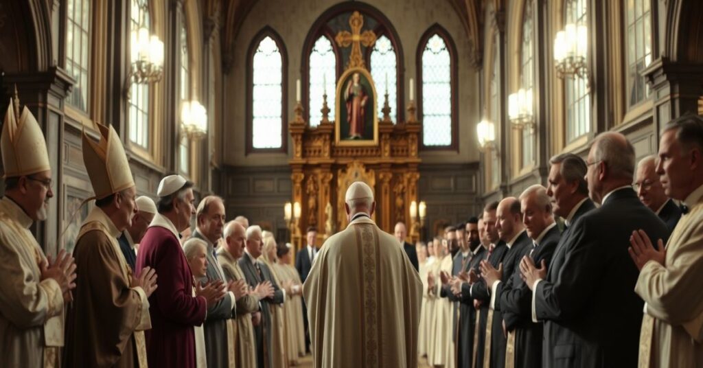 Tradycyjna katolicka msza w kościele z modlącymi się księżmi na pierwszym planie i rozmytym obrazem polityków na tle