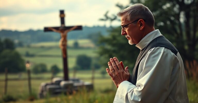 Kneeling Catholic priest in traditional vestments praying before a crucifix in a peaceful rural landscape.
