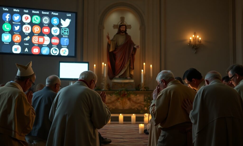 Grupa tradycyjnych katolików modli się przed posągiem Chrystusa Króla, symbolizując post od mediów społecznościowych jako powołanie do nawrócenia.