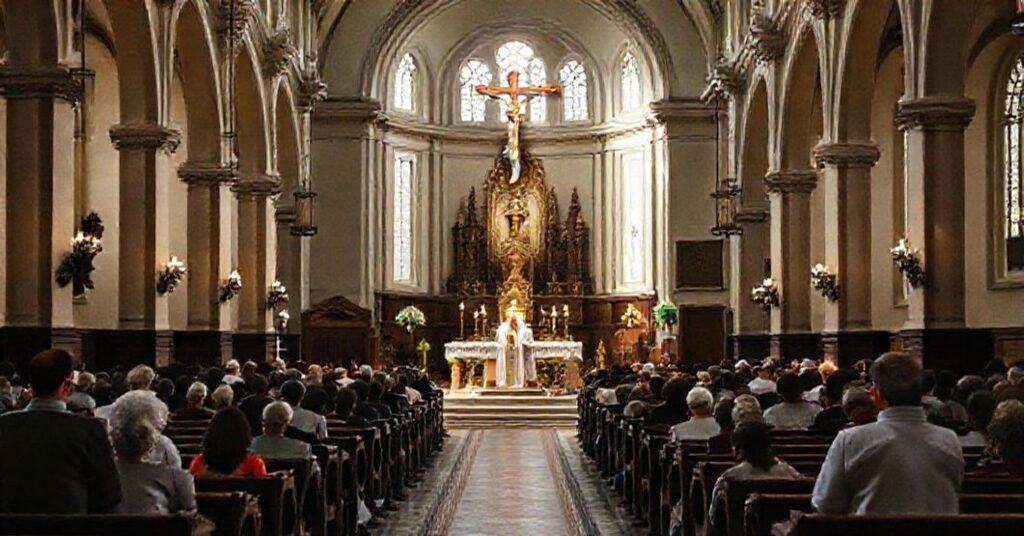 Wnętrze tradycyjnego kościoła katolickiego podczas uroczystej mszy św. z kapłanem i wiernymi w modlitwie.