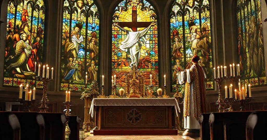 Ołtarz katolicki z tradycyjnymi elementami sakralnymi symbolizujący prawdziwy triumf zmartwychwstania Chrystusa