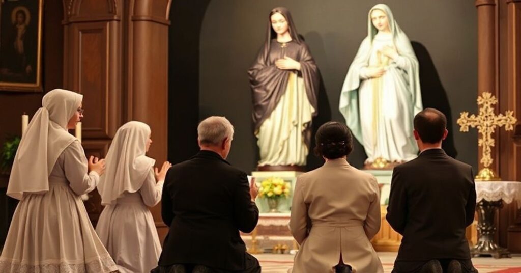 Tradycyjna katolicka scena modlitwy przed rzeźbą Maryi z rodziny klęczącej w głębokim nabożeństwie.