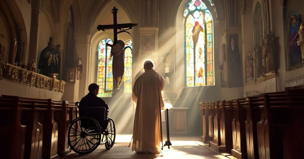 Osoba niepełnosprawna w wózku inwalidzkim w towarzystwie osoby świeckiej w tradycyjnym przedwatykańskim kościele. Środowisko jest bogato ozdobione sztuką sakralną z rzeźbami świętych i krzyżem. Osoba niepełnosprawna trzyma różaniec, wyrażając głęboką refleksję duchową.