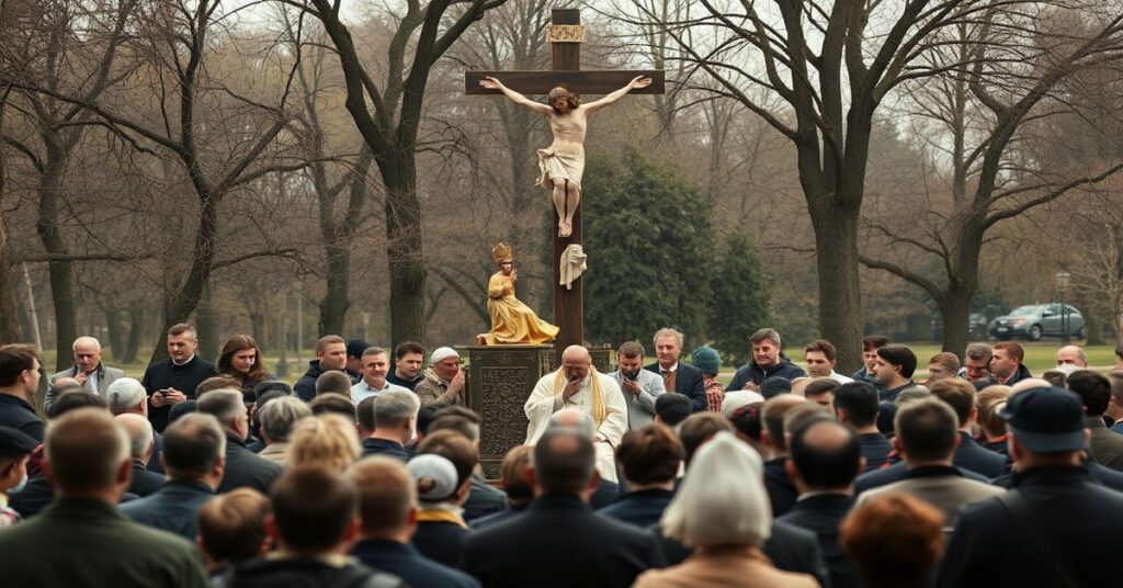 Obrázek zobrazující Adam Szalův projev před mladými v Rymanově, zdůrazňující prázdnotu modernistických náboženských aktivit bez nadpřirozené bázně.