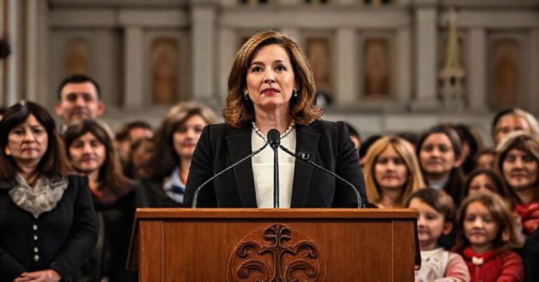 Premier Alberty Danielle Smith na tle Alberta Legislature obok rodziców i dzieci obrońców praw rodziny