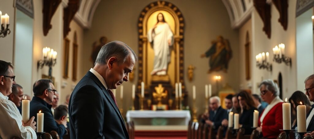 Zdjęcie przedstawia premiera Donalda Tuska w tradycyjnym kościele polskim otoczonego przez modlących się katolików z różańcem. Na tle widoczna jest figura Serca Jezusowego.