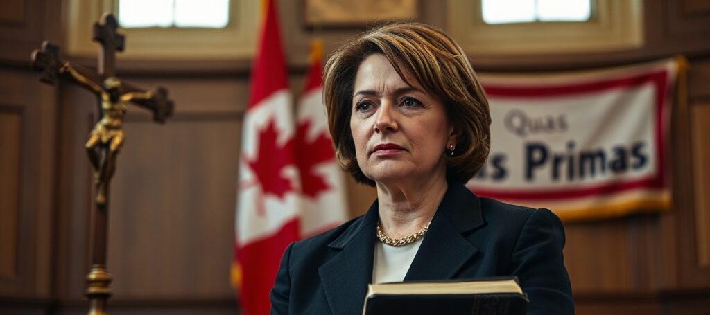 Portret premier Danielle Smith w Budynku Legislacyjnym Alberty z tradycyjnymi symbolami katolickimi