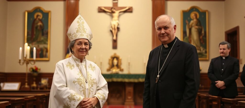 Obraz przedstawiający premier Ukrainy Julię Swyrydenko podczas spotkania ze Wszechukraińską Radą Kościołów i Organizacji Religijnych wraz z biskupem pomocniczym Josyfem Milanem w tradycyjnym greckokatolickim kościele