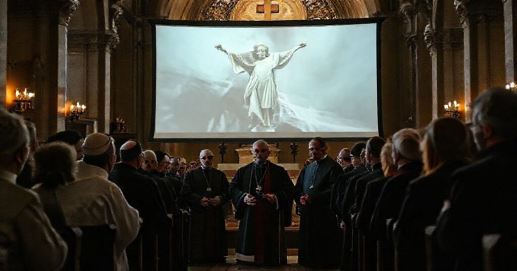 Scena z premiery filmu dokumentalnego w kościele katolickim z udziałem kard. Marcella Semeraro i bp. Artura Mizińskiego.