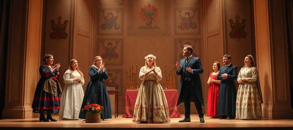 Scena z premiery „Moralności pani Dulskiej” w Teatrze Telewizji z reżyserami Agnieszką Glińską i Franciszkiem Przybylskim oraz aktorami Kingą Preis, Olafem Lubaszenko, Martyną Byczkowską i Michałem Balickim