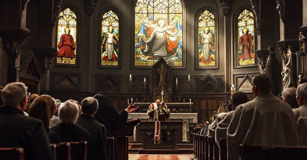 Wnętrze katolickiego kościoła z tradycyjną architekturą podczas kazań Roberta Prevosta (Leon XIV), z elementami chrześcijańskimi i atmosferą duchowej dyskusji.