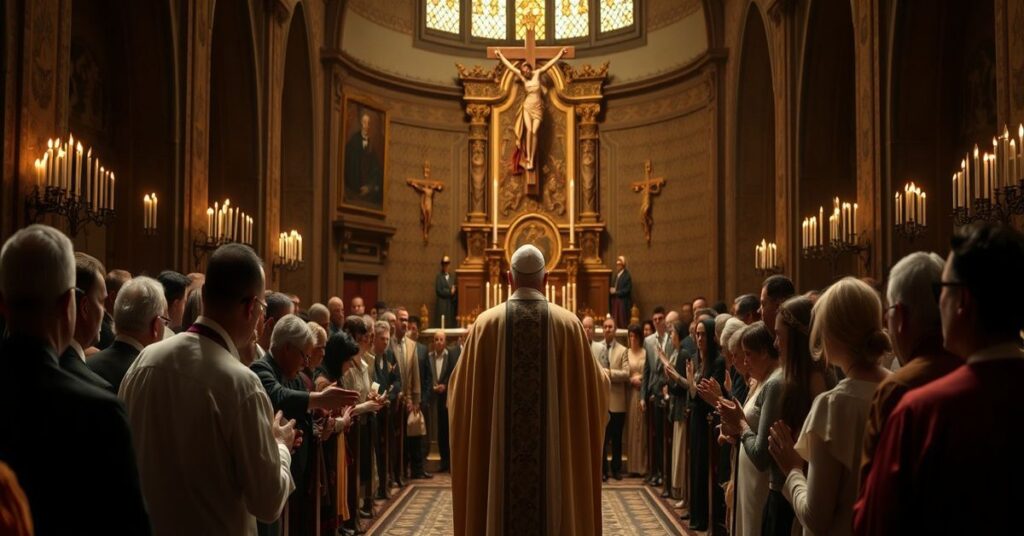 Zdjęcie przedstawiające Roberta Prevosta jako 'Leona XIV' podczas audiencji ogólnej 11 marca 2026, gdzie zachęca Polaków do udziału w nabożeństwie Gorzkich żali. Scena odzwierciedla tradycyjną polską pobożność z elementami kościoła i modlitwą.