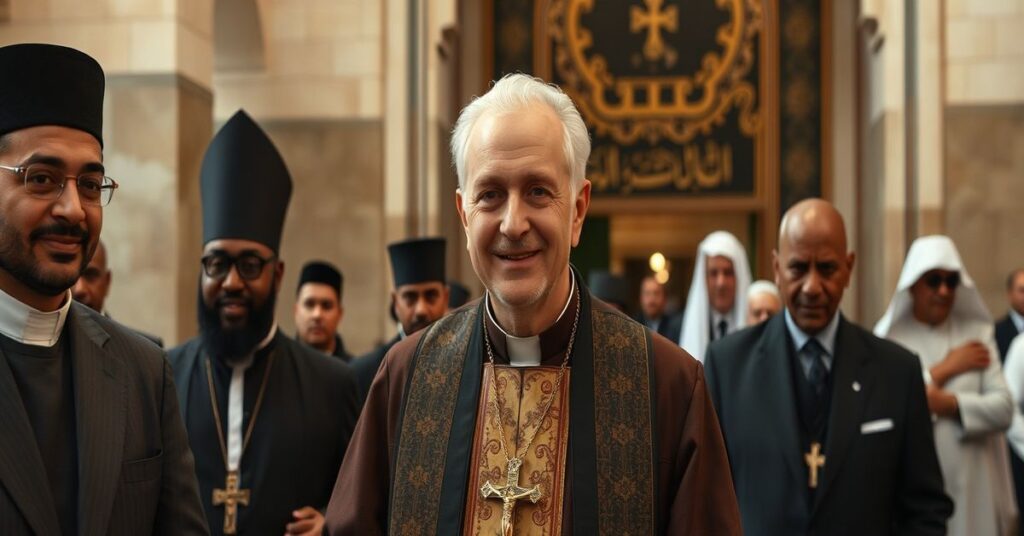 Roberto Prevost na tle Wielkiego Meczetu w Algierze podczas spotkania międzyreligijnego