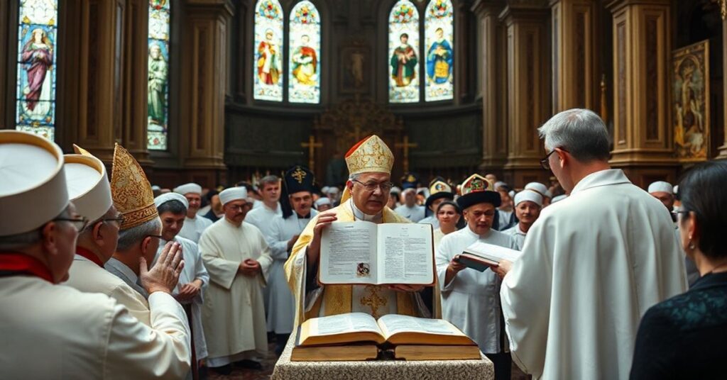 Tradycyjna katolicka ceremonia w Kijowskim Soborze Zmartwychwstania Pańskiego podczas prezentacji ukraińskiego wydania Biblii Jerozolimskiej.