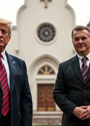Prezydenci Trump i Nawrocki przed kościołem katolickim Obraz prezydenta Donalda Trumpa i prezydenta Andrzeja Nawrockiego przed kościołem katolickim w tradycyjnym polskim krajobrazie.