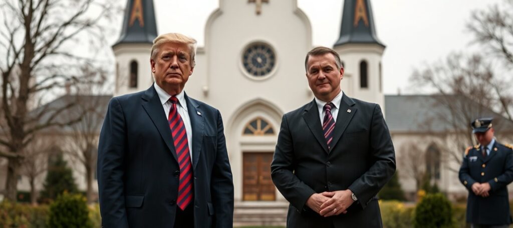 Obraz prezydenta Donalda Trumpa i prezydenta Andrzeja Nawrockiego przed kościołem katolickim w tradycyjnym polskim krajobrazie.