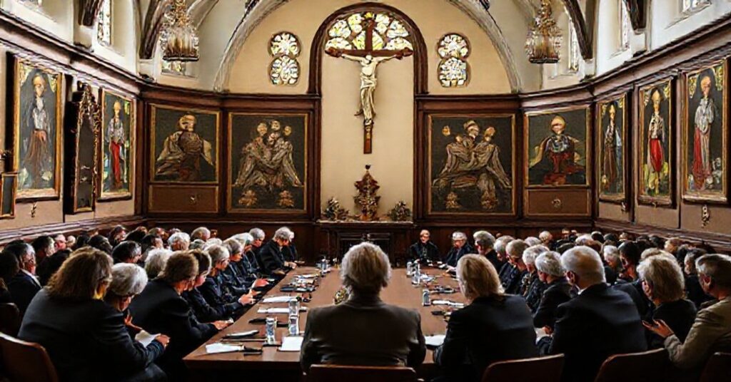 Grupa ekspertów zgromadzona w tradycyjnym katolickim wnętrzu dyskutujących na temat rodzin i demografii.