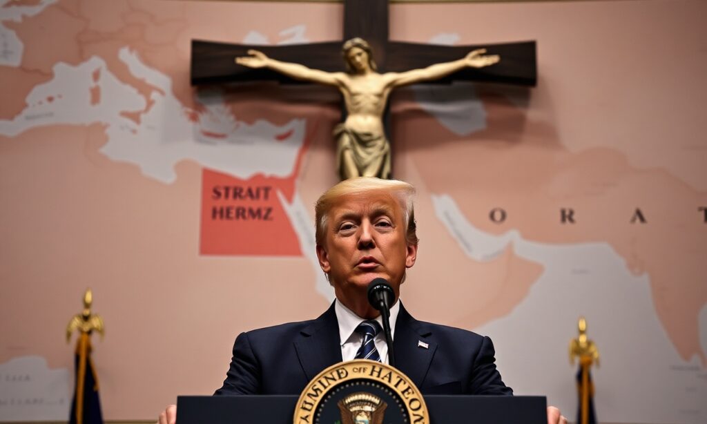 Obraz przedstawia prezydenta Donalda Trumpa mówiącego o zagrożeniu zniszczenia Iranu. Na tle widoczna jest cieśnina Ormuz i krzyż.