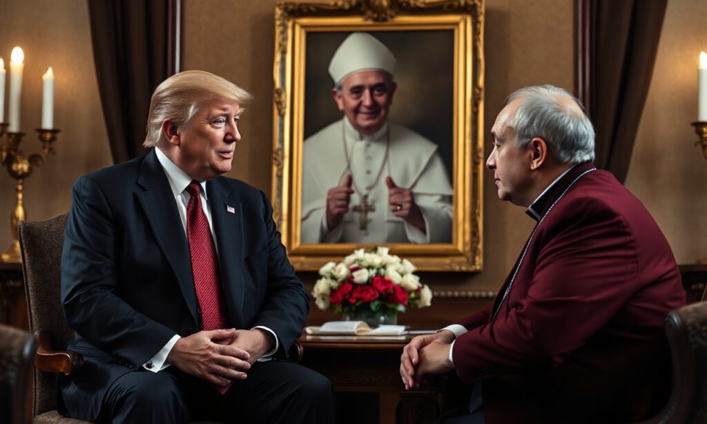 Obraz przedstawia prezydenta Donalda Trumpa mówiącego z dziennikarzem Toby Capionem w tradycyjnym katolickim otoczeniu. Na tle widoczny jest prawdziwy papież, symbolizujący nauczanie o pokoju i sprawiedliwości.