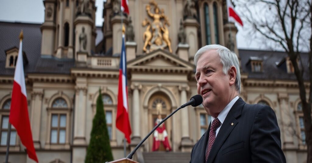 Prezydent Karol Nawrocki przed kościołem gotyckim, krytykując nowelizację ustawy o blokowaniu treści w internecie