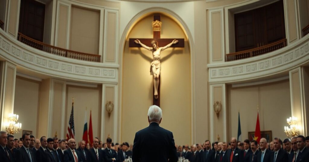 Prezydent Karol Nawrocki przemawia przed Korpusem Dyplomatycznym z dużym krzyżem na tle.