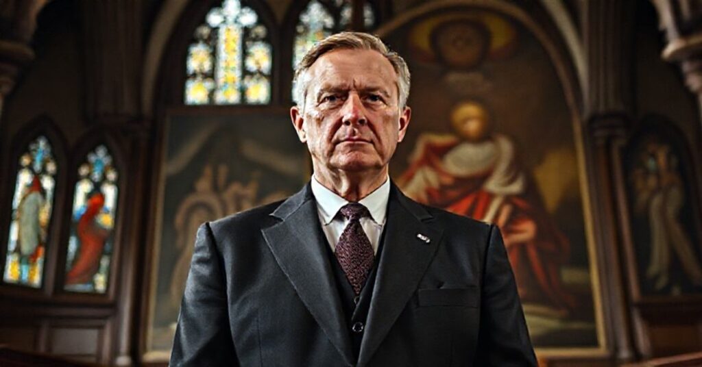 Portret prezydenta Karola Nawrockiego przed kościołem katolickim, symbolizujący kontrast pomiędzy ziemskim nacjonalizmem a boską władzą Chrystusa Króla.