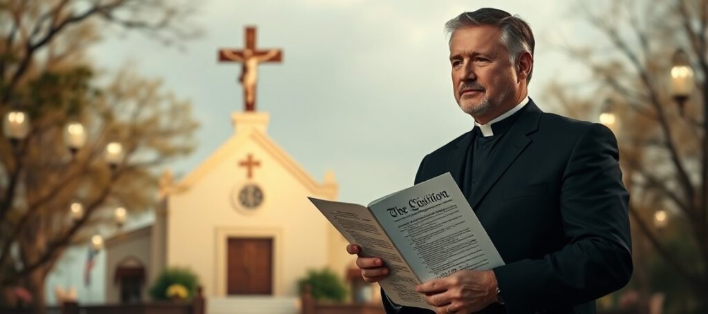 Prezydent Karol Nawrocki trzymający Konstytucję RP przed kościołem z krzyżem na tle