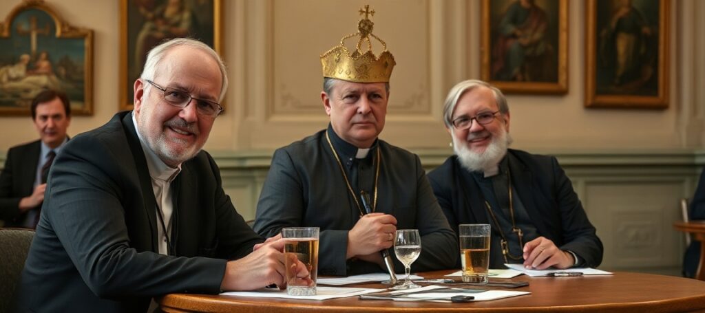 Grupa mężczyzn diskutujących w tradycyjnym katolickim pomieszczeniu.