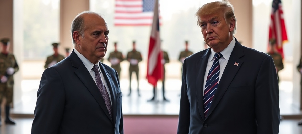 Prezydent Karol Nawrocki i Donald Trump stoją razem w oficjalnym położeniu. Na tle widoczna jest subtelna obecność wojskowa i amerykański żołnierze.