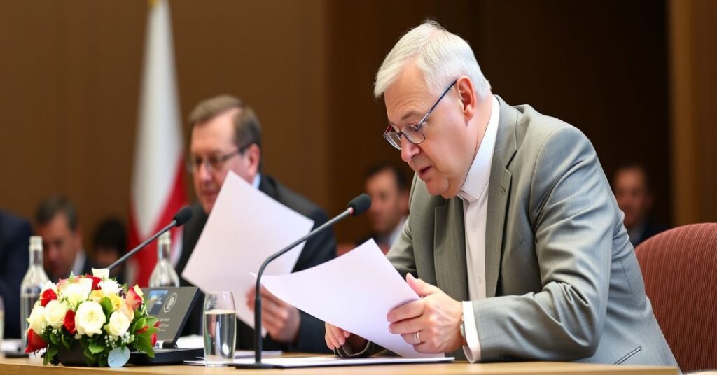 Prezydent Karol Nawrocki podczas konferencji prasowej przed pałacem prezydenckim w Warszawie, trzymając projekt ustawy o małżeństwie. Tło to polski krajobraz z kościołem.