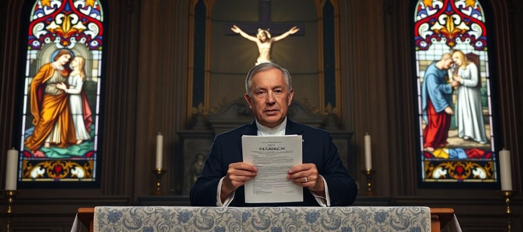 Prezydent Karol Nawrocki przed ołtarzem katolickim z konstytucją w ręku w kontekście obrony małżeństwa