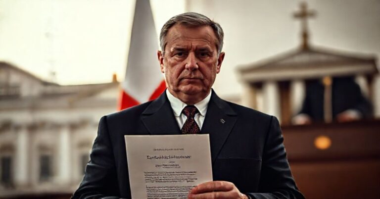 Prezydent Karol Nawrocki stoi przed flaga polską z dokumentem o konstytucyjnej prerogatywie, na tle Sejmu i Sądów Najwyższych. Scena podkreśla konflikt między władzą polityczną a sądowniczą w świetle katolickiej nauki o państwie.