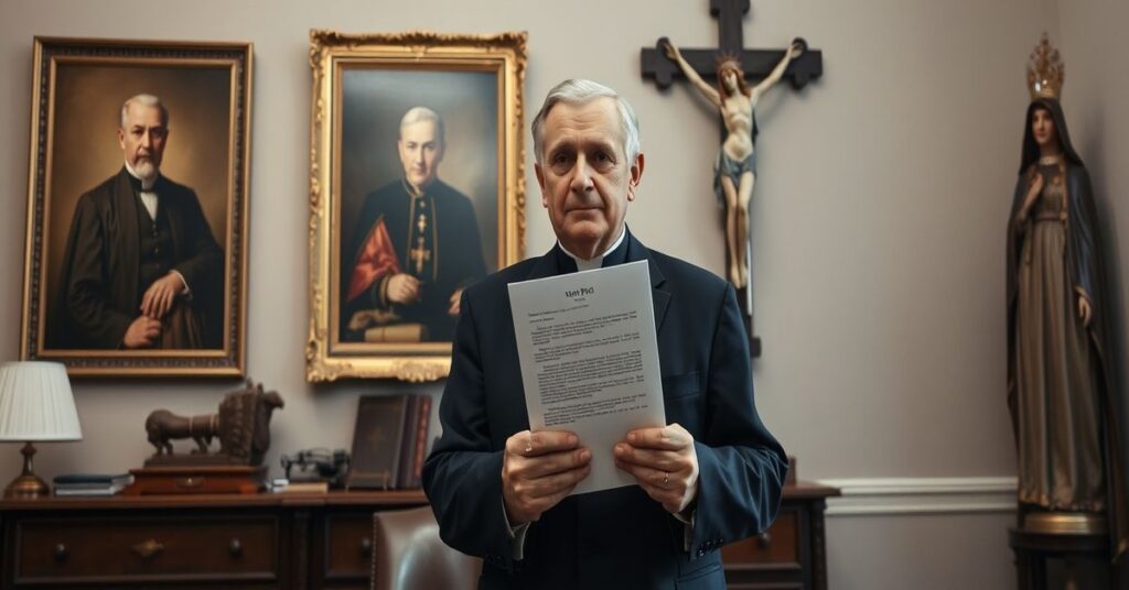 Prezydent Karol Nawrocki w biurze prezydentalnym z dokumentem w ręku przed portretem Piusa X i krzyżem