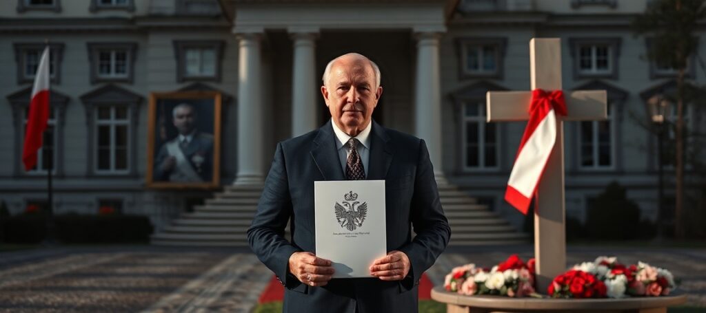 Prezydent Karol Nawrocki przed pałacem prezydenckim z dokumentem Orderu Orła Białego na tle krzyża upamiętniającego ofiary UPA