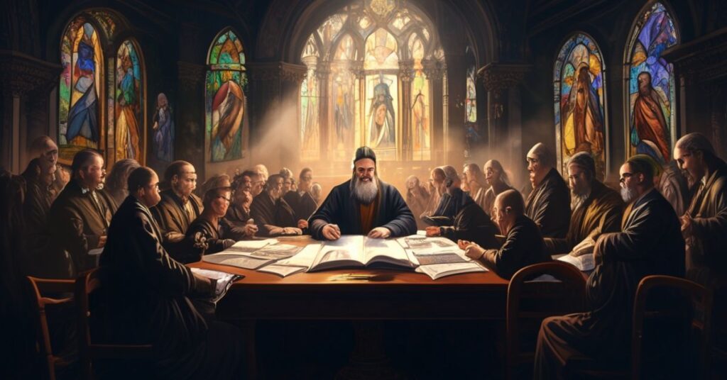 Prezydent Karol Nawrocki podpisuje budżet 2026 w obecności Andrzeja Domańskiego, otoczony przez urzędników w salonach rządowych pełnych sztuki sakralnej. Scena podkreśla konflikt między materializmem a prawem Bożym.