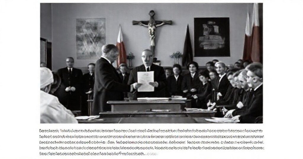 Prezydent Karol Nawrocki zawetowuje ideologiczne zmiany w edukacji, otaczony przez nauczycieli i rodziców w klasie szkoły katolickiej.