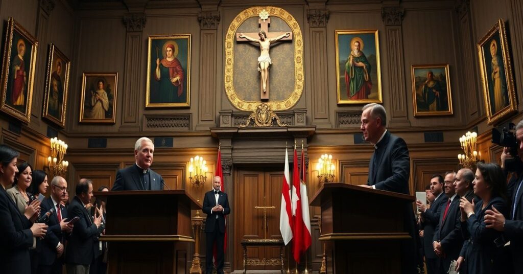 Prezydent Karol Nawrocki i minister Radosław Sikorski podczas konferencji prasowej w tradycyjnym polskim ratuszu z krzyżem i wizerunkami świętych.