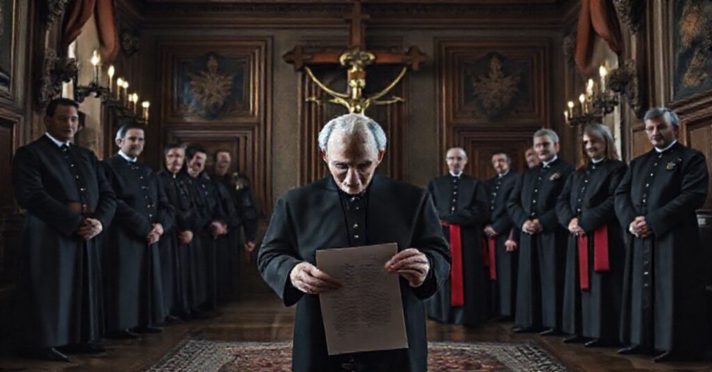 Prezydent Karol Nawrocki z dokumentem weta w historycznym pałacu w Polsce, z krzyżem na tle symbolizującym konflikt między ludzkim prawem a boską władzą.