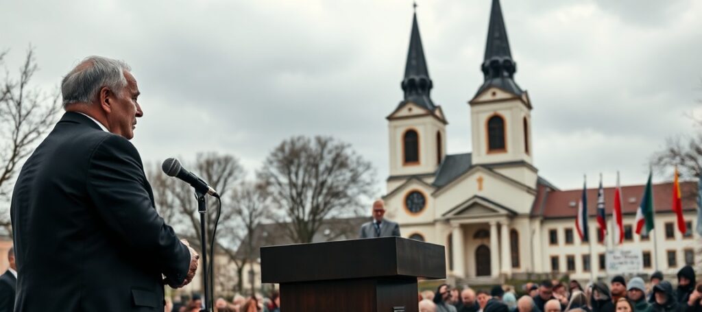 Prezydent Wołodymyr Zełenski na szczycie Bukareszteńskiej Dziewiątki, z widokiem kościoła katolickiego na tle